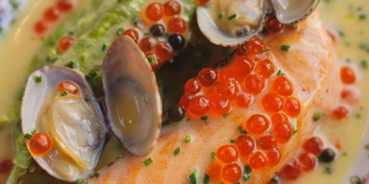 A Seafood Dish with Salmon, Clams and Caviar