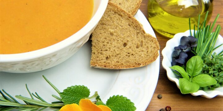 carrot soup, loaf, herbs