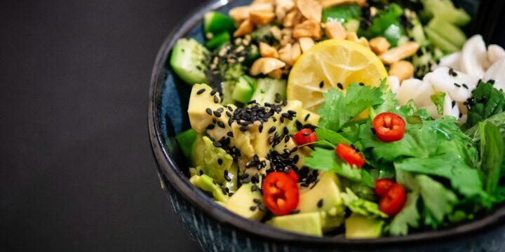 vegetable salad in gray bowl