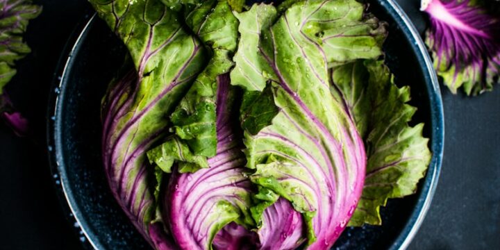 purple and green vegetable in black bowl